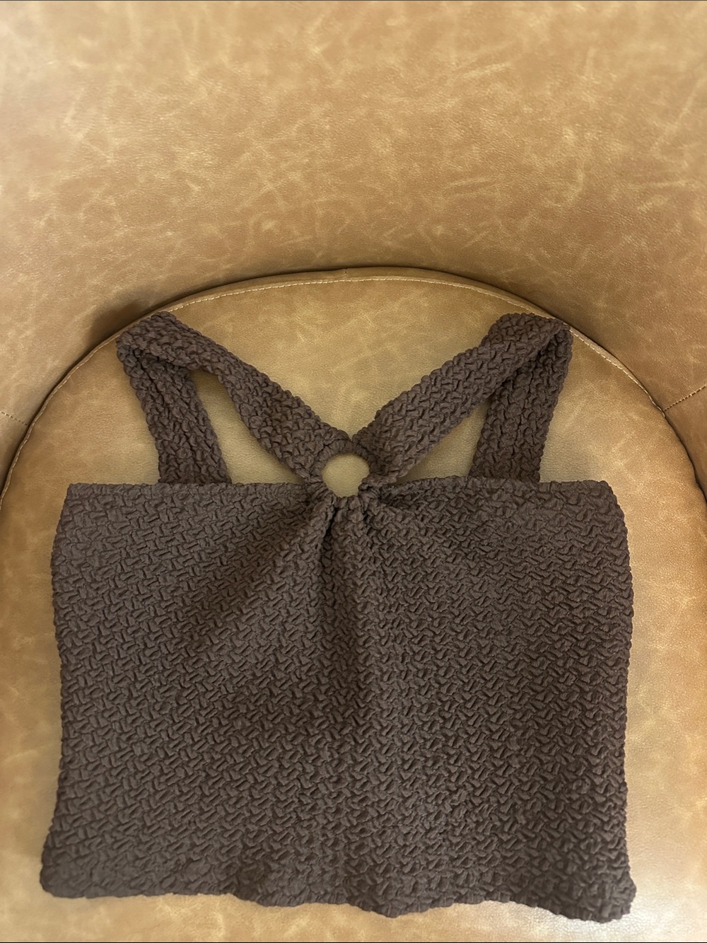 Mango Dark Brown Textured Knit Crop Top with Ring Back